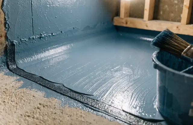Visualisierung einer Verbundabdichtung in einer Boden-Wand-Ecke: das Dichtband ist eingearbeitet, ein Pinsel steht im Kübel, die blaugraue Masse liegt auf dem Estrich.